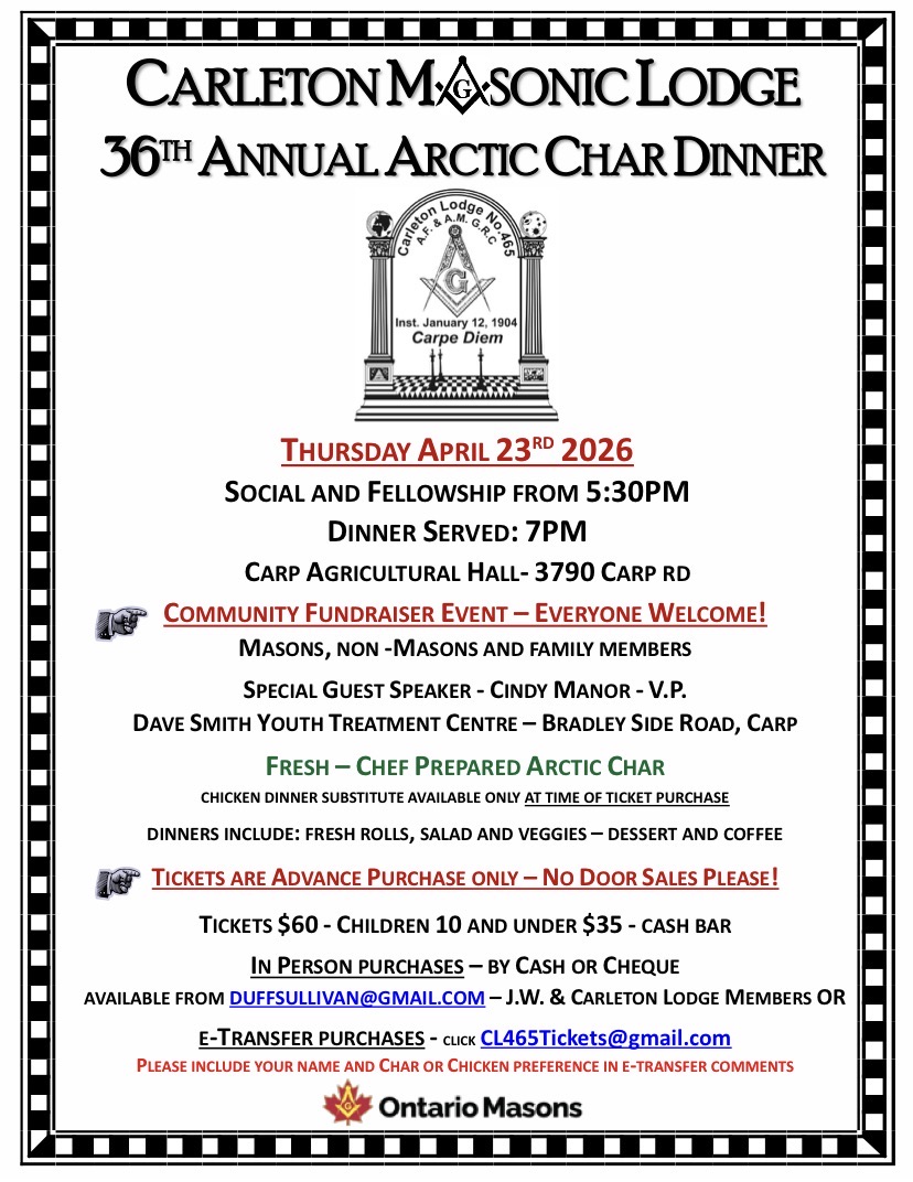 Official event poster — Carleton Masonic Lodge 36th Annual Arctic Char Dinner, April 23 2026